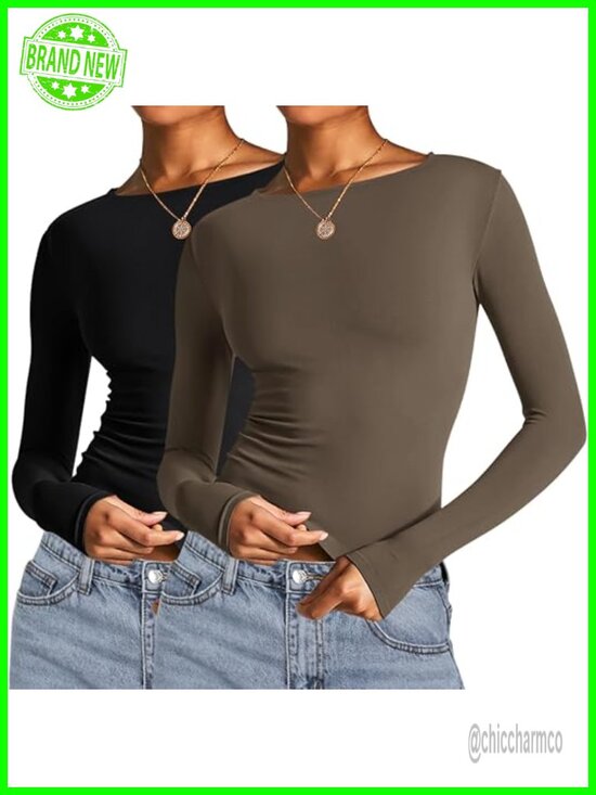 Tops - Long Sleeve Crop Top 2 Pack Fall Going Out Outfits Cute Tight Basic Tees Shirt
